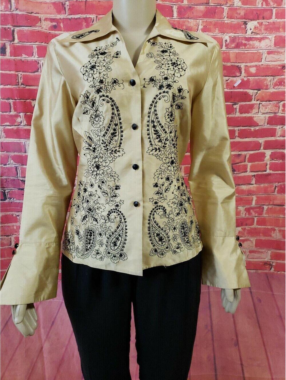 SILK LAND Medium Yellow Gold Silk Embroidered Embellished  Women's Blouse #C
